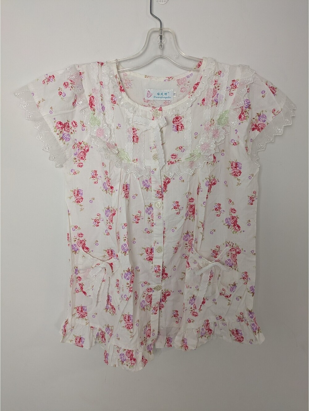 Yuanfengdie Cottagecore Floral Eyelet Lace Ruffle House Dress Sleep Top XXL